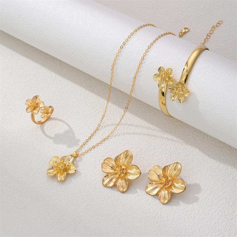 Trendy Gold Plated Floral Necklace Bracelet Ring Earrings Set Bridal Gift for Women Girls Wedding Party Anniversary Jewelry