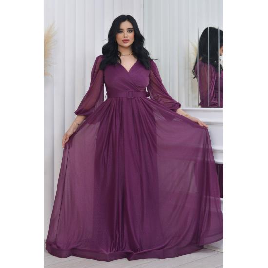 Zweireihiges Abendkleid mit Kragen, Gürtel und Ballonärmeln aus glitzerndem Tüll TE Settür Abendkleid