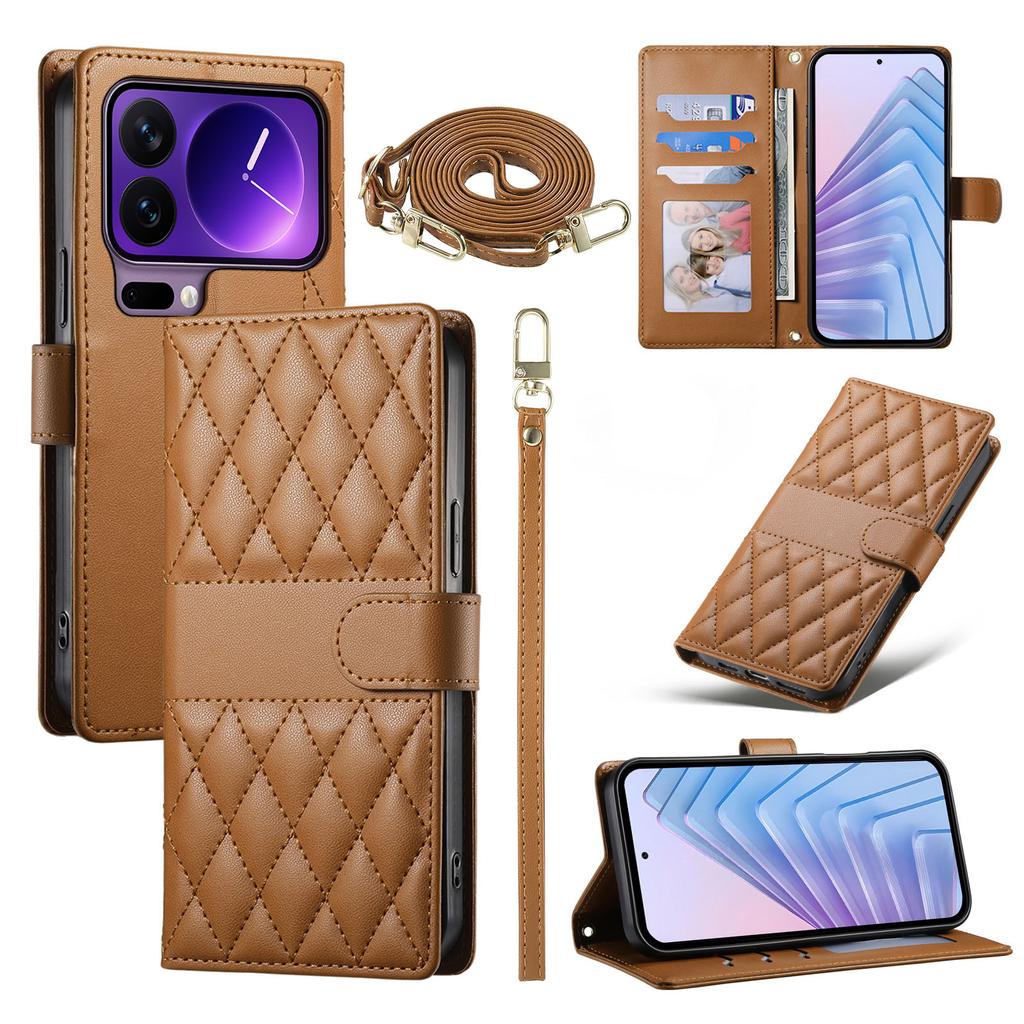 For Xiaomi 17 Pro Wallet Case Rhombus Stitching Stand Leather Phone Cover with Long/Short Strap