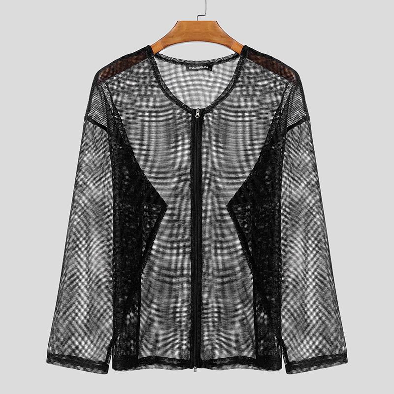 INCERUN Men Long Sleeve Mesh See Through Hollow Out Zipper Beach Shirts Tops
