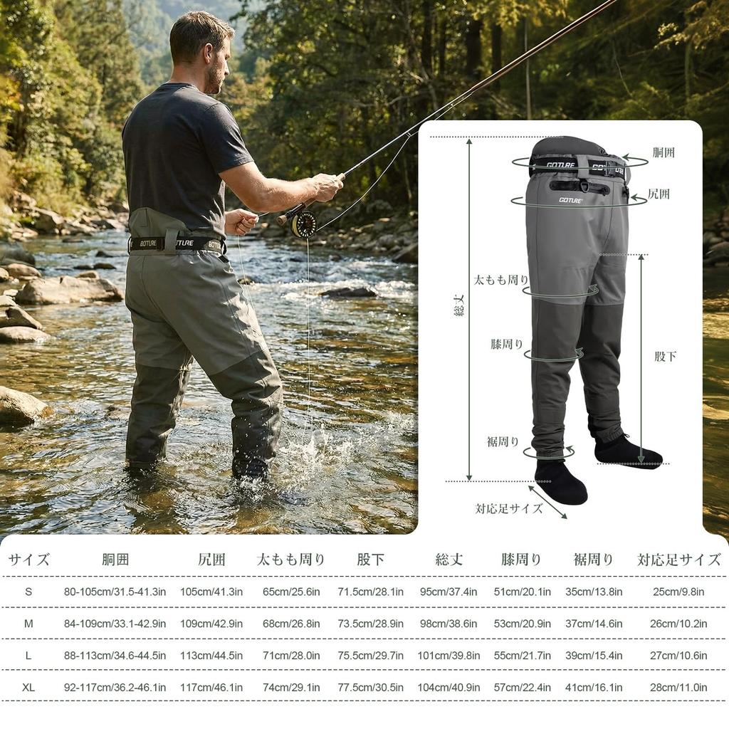GOTURE Breathable Waterproof Waders, Waist-High, 5-Layer Nylon Fabric, Durable Foot, Includes Net Holder Belt, for Wading and Stream Fishing, Unisex,