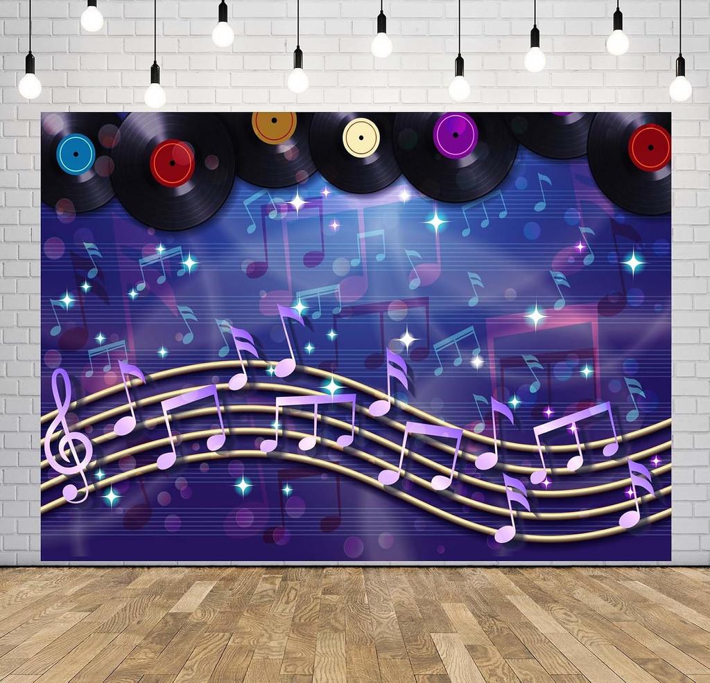 BELECO 7x5ft Fabric Music Theme Backdrop Retro Vinyl Records Music Notation Background Musical Notes Backdrop 70s 80s 90
