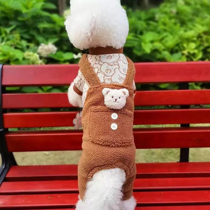 Winter Thickened Sherpa Overalls for Small Pets Dog Cat Double-Layered Thermal Coat with Bear Pocket Puppy Clothes