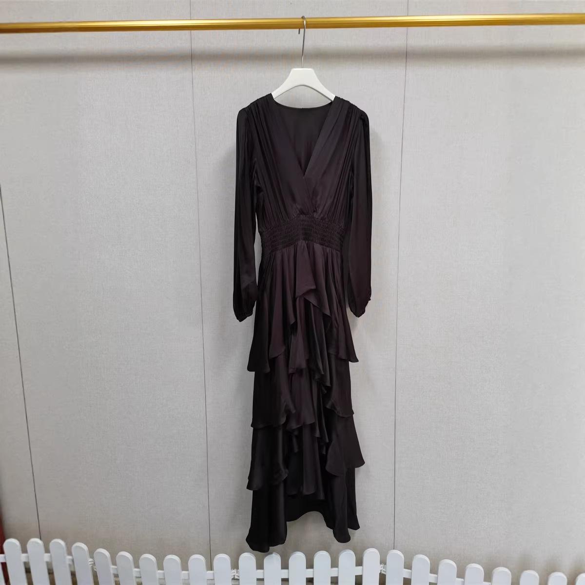 Brown V-neck Layered Ruffles Dress with Cinched Waist - 26 French Elegance Small