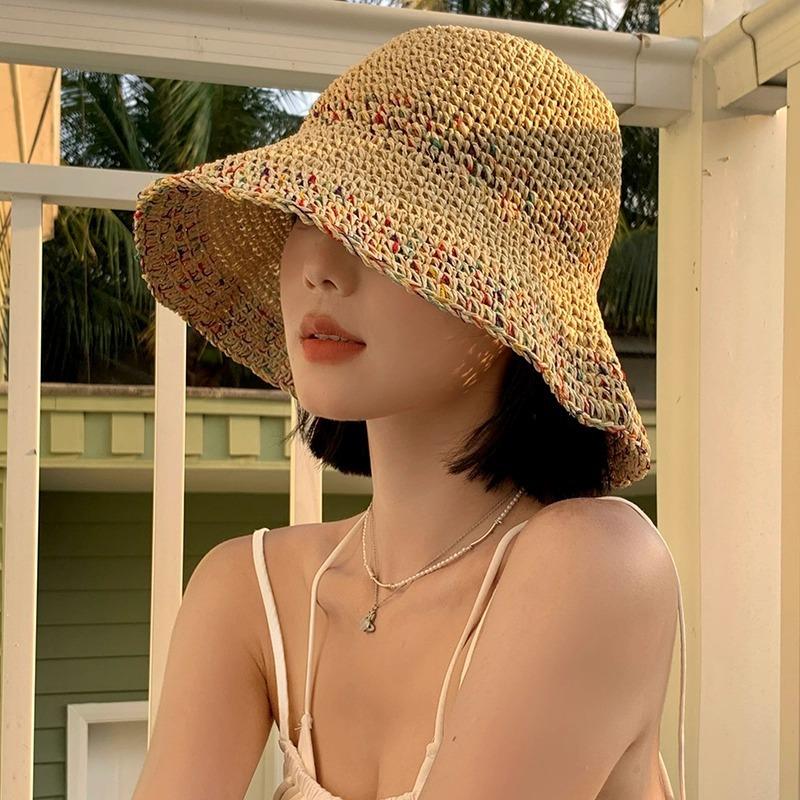 Hyunya Wind Colored Wood Beads Straw Hat Women's Summer Big Brim Straw Bucket Hat Foldable Seaside Sunshade Sunscreen Hat