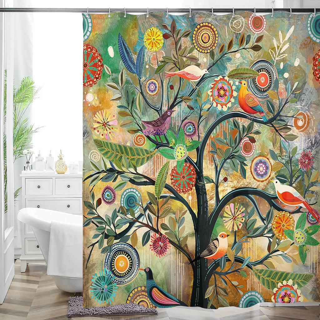 Bohemian Flower Bathroom Curtain Colorful Boho Floral Print Beautiful Bright Polyester Fabric Cloth Shower Curtain for Bathroom