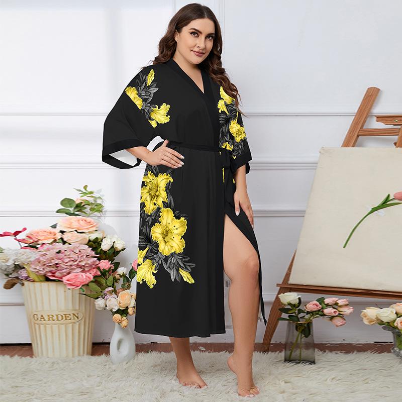 Übergröße Satin Sommer Pyjama & Bademantel Set für Damen - Leichter Luxus Eisseide
