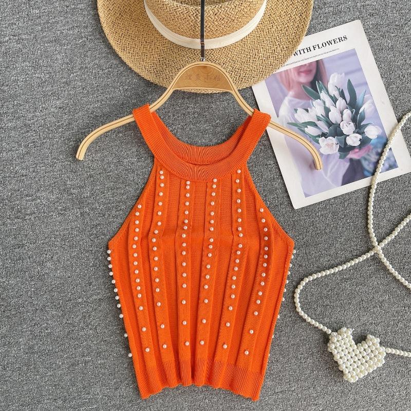 Pure Desire Top Women's Heavy Industry Beads Slim-fitting Short Sexy Off-the-shoulder Neck Sling Vest Women's Versatile Knitted Sweater Tide