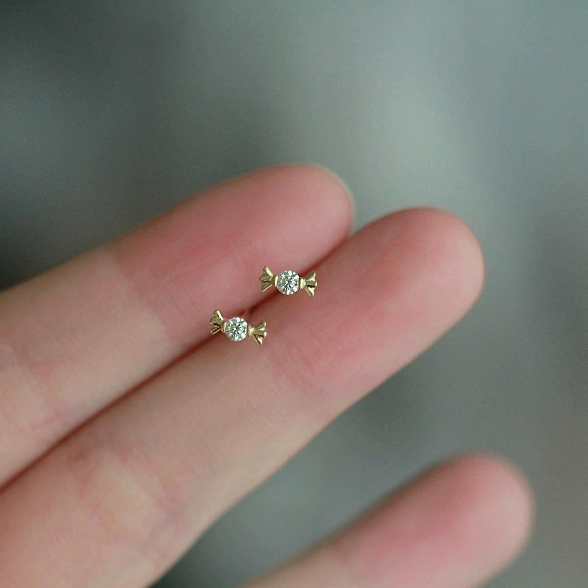 14K Gold-Plated S925 Silver Candy Stud Earrings with Zircon 14K Gold Pair (with Earplugs)