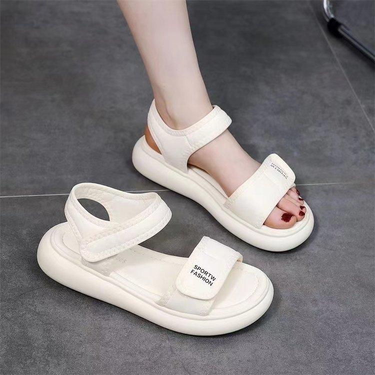 

Fashion sports sandals women s summer 2025 new flat Velcro soft sole non-slip Roman beach shoes college style 35 бежевий