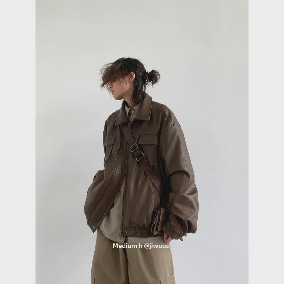 Veste de moto unisexe surdimensionnée en cuir PU de style rétro japonais