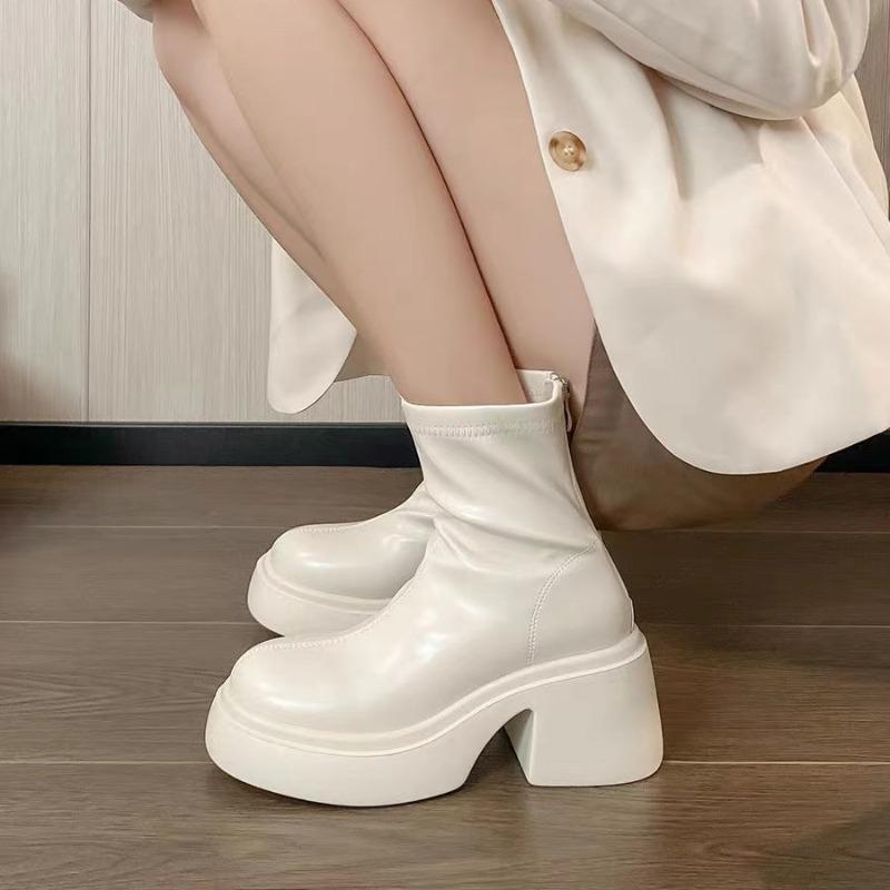 Fashion Hot Sale Women High Heel Boots Chunky 8cm Comfortable Ladies Leather Ankle Boots British Sexy Woman Motorcycle Boots Botas Mujer