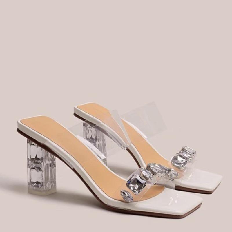 2025 Summer New Crystal Transparent Flip-Flops Diamond Slippers Women Wear Thick Fashion High Heels