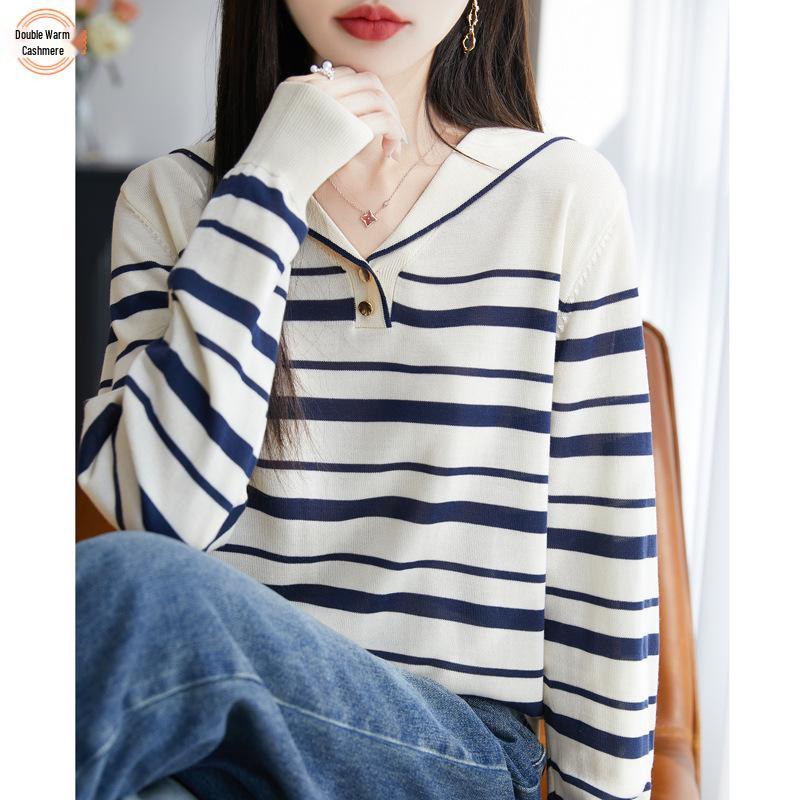 

Women s Navy Striped Tencel Lyocell Cardigan - Lightweight Long Sleeve Outerwear Sweater Medium