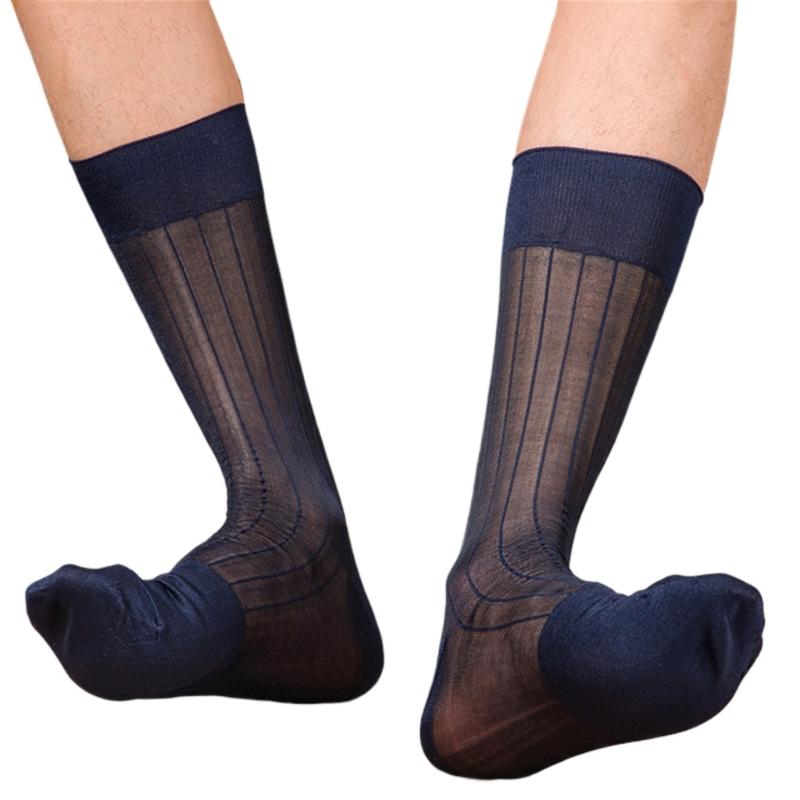 Mens Business Soft Breathable Nylon Sheer Dress Socks Thin See Through Silk Ribs Striped Calf Socks for Formal Use