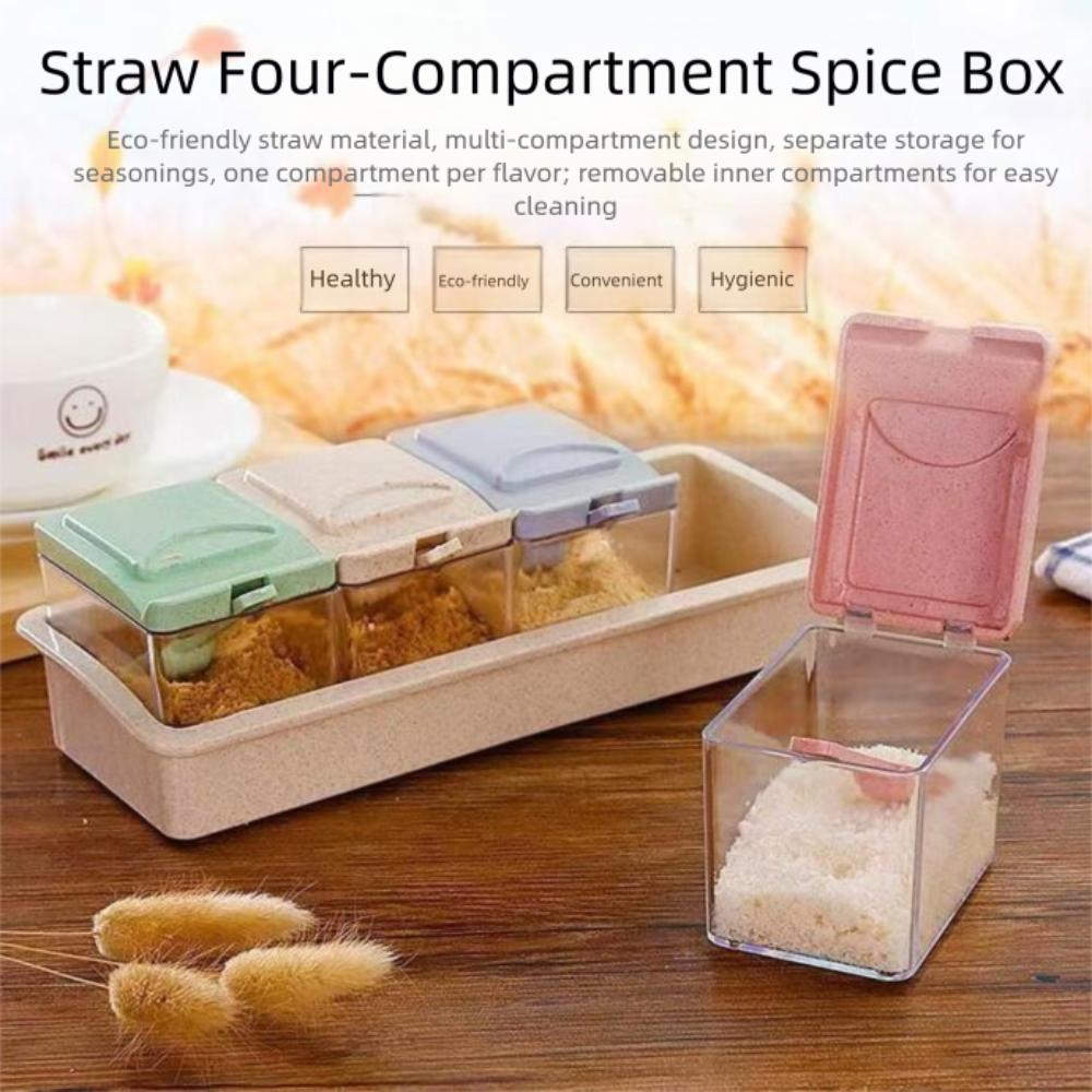 New 4 Grids Seasoning Box with Spoon Multifunctuion Kitchen Organizer Integrated Eco-friendly Storage Spice Jars Kitchen Use