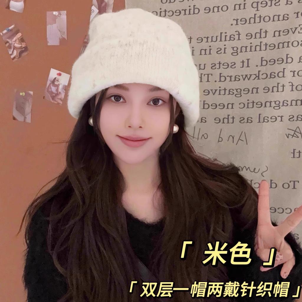 One Hat And Two Wool-Blend Knitted Hats For Women'S Warm Double-Layer Thickened Wool Hats, Big Head Circumference Stacking Hats