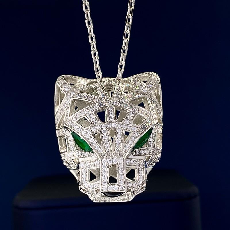 Gold Plated Leopard Head Pendant Necklace With Rhinestones Irregular Cutout Punk Style Long Chain Sweater