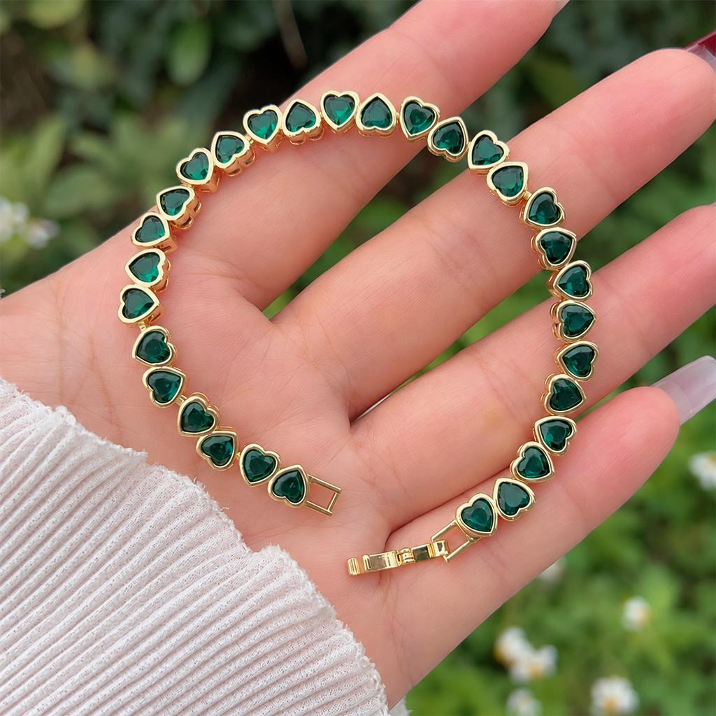 18K Gold Plated Copper Heart Zircon Bracelet Multicolor Tennis Chain Clean Setting for Boutique Custom Jewelry Supply