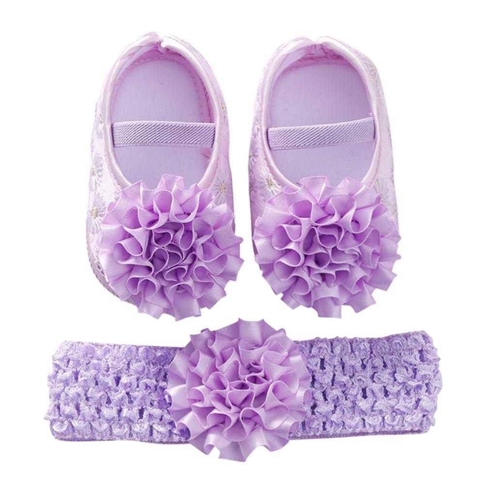 Newborn Baby Shoes Girls Flower Shoes Toddler Prewalker Cute Baby Soft Shoes For 0-12M Children With Hair Band