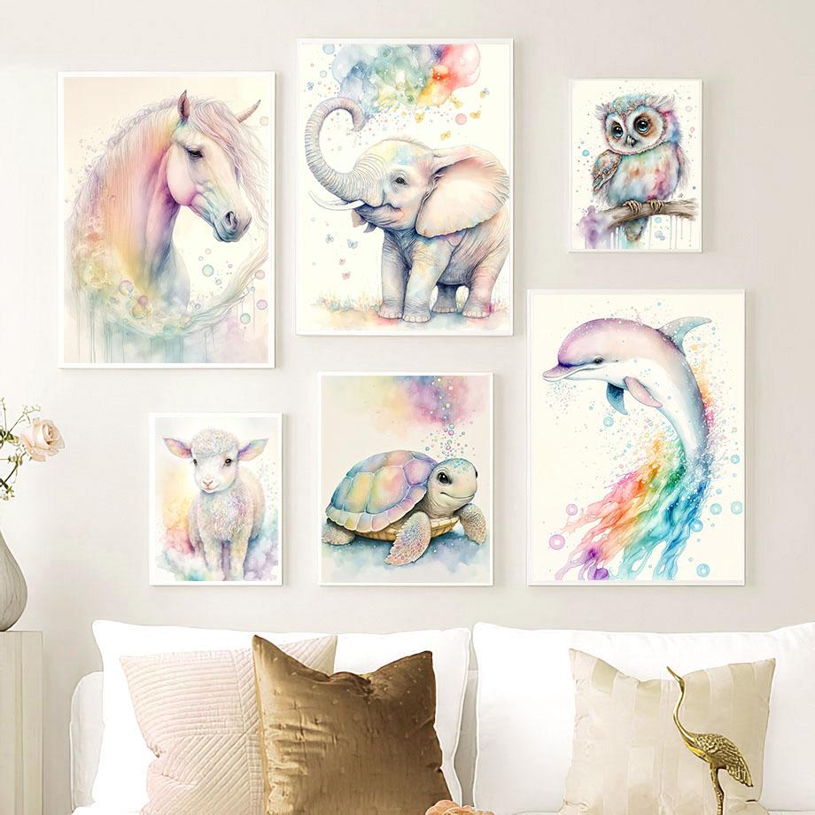 Watercolor Elephant Dolphin Owl Turtle Sheep Poster Nordic Wall Art Print Canvas Painting Cartoon Pictures Baby Kids Room Decor
