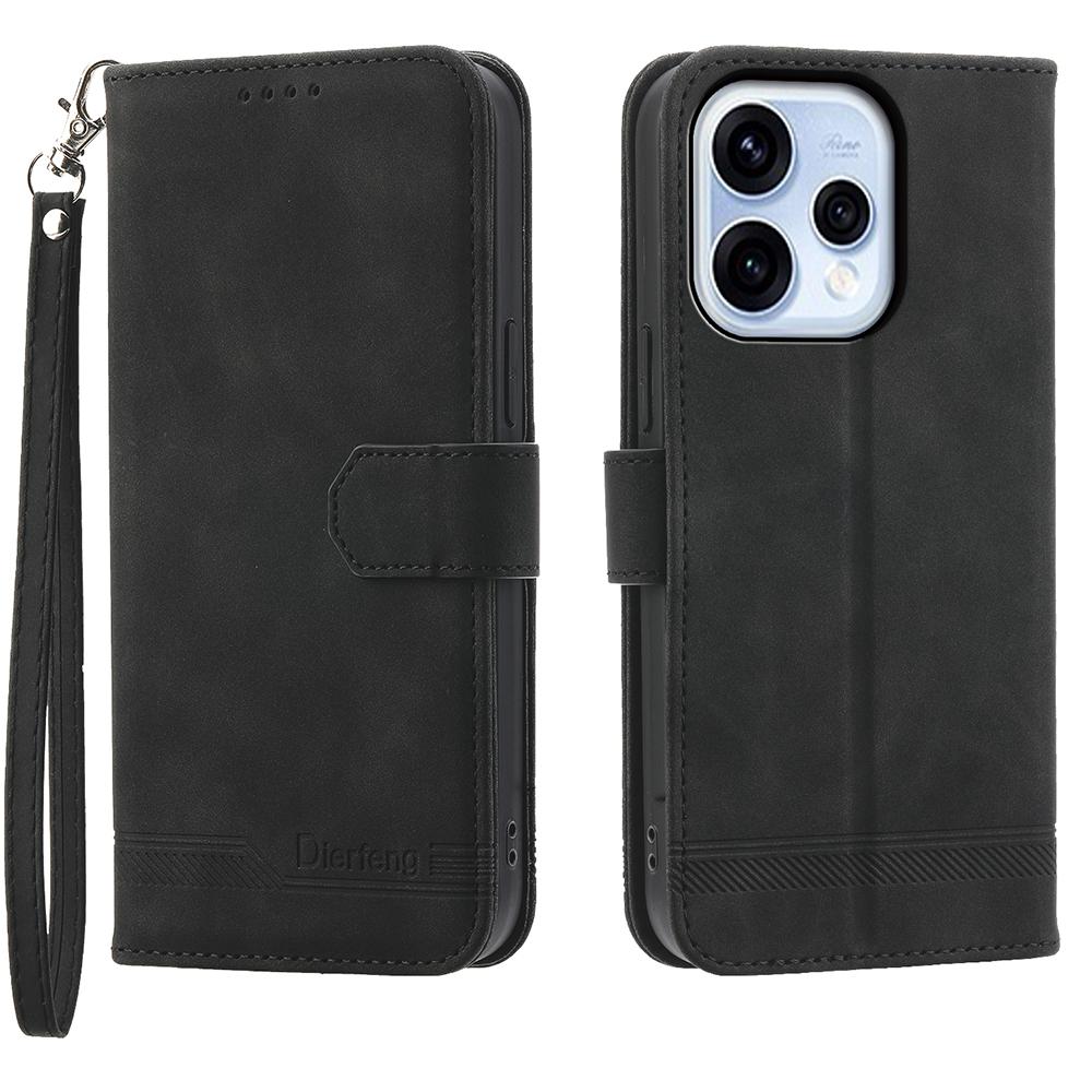 DIERFENG DF-03 For Oppo Reno15 5G (Global) / Reno15c 5G (China) Leather Case Lines Imprint Wallet Phone Cover with Wrist Strap