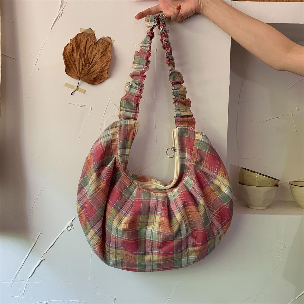 

Plaid Canvas Pleated Large Capacity Women s Handbag & Shoulder Bag