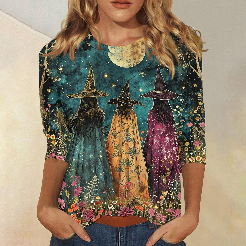 Women's Fashion Casual 3/4 Sleeve Halloween Print Neck Blouse