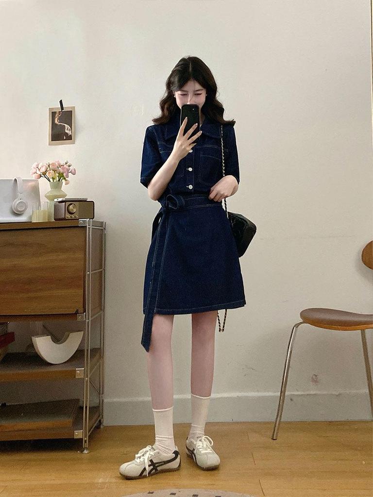 Hong Kong Style Retro Washed Denim Dress: Women's 2026 Summer Casual Waist-Cinched Short Skirt