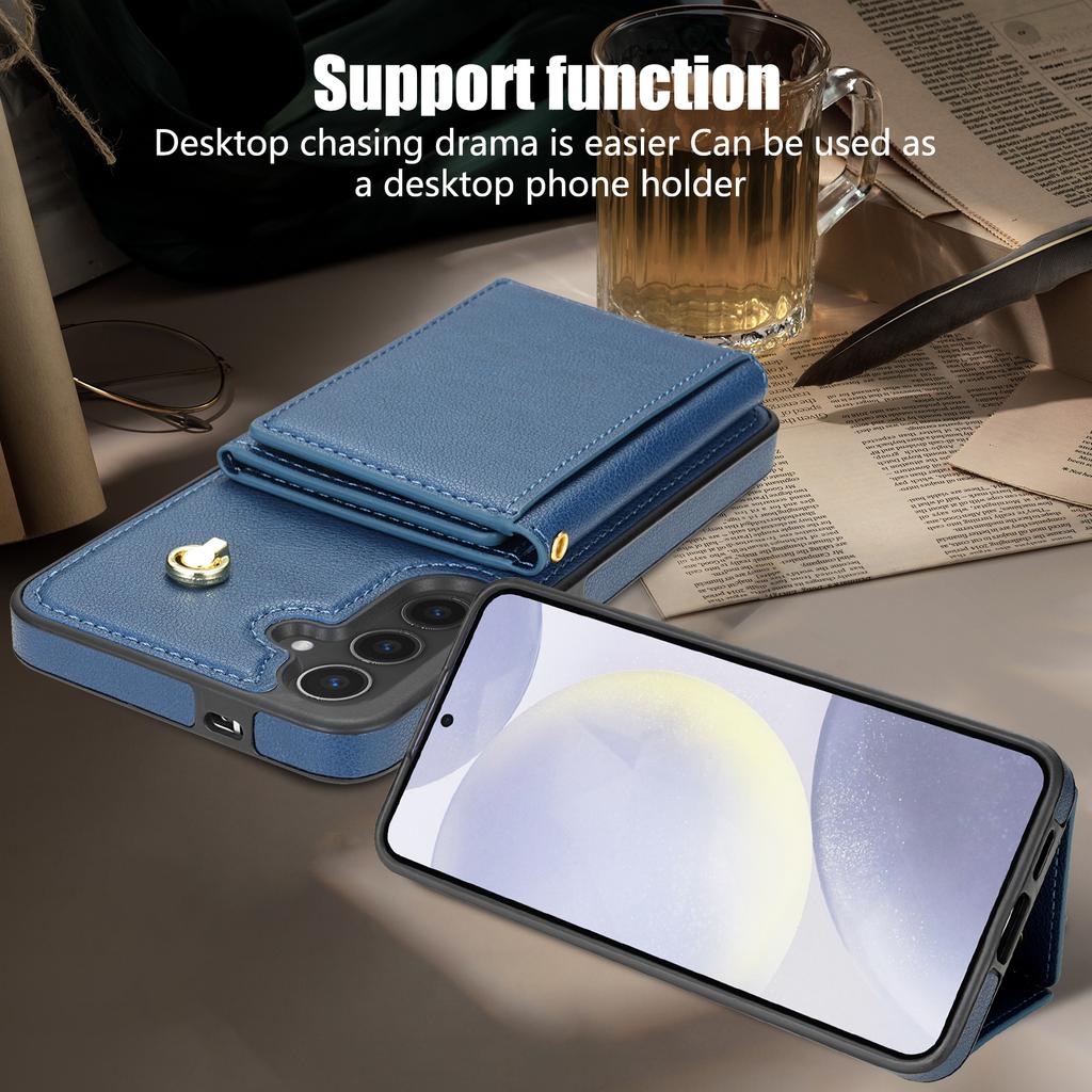 For Samsung Galaxy S25 Case Tri-Fold Card Holder Kickstand TPU + Leather Back Cover with Shoulder Strap
