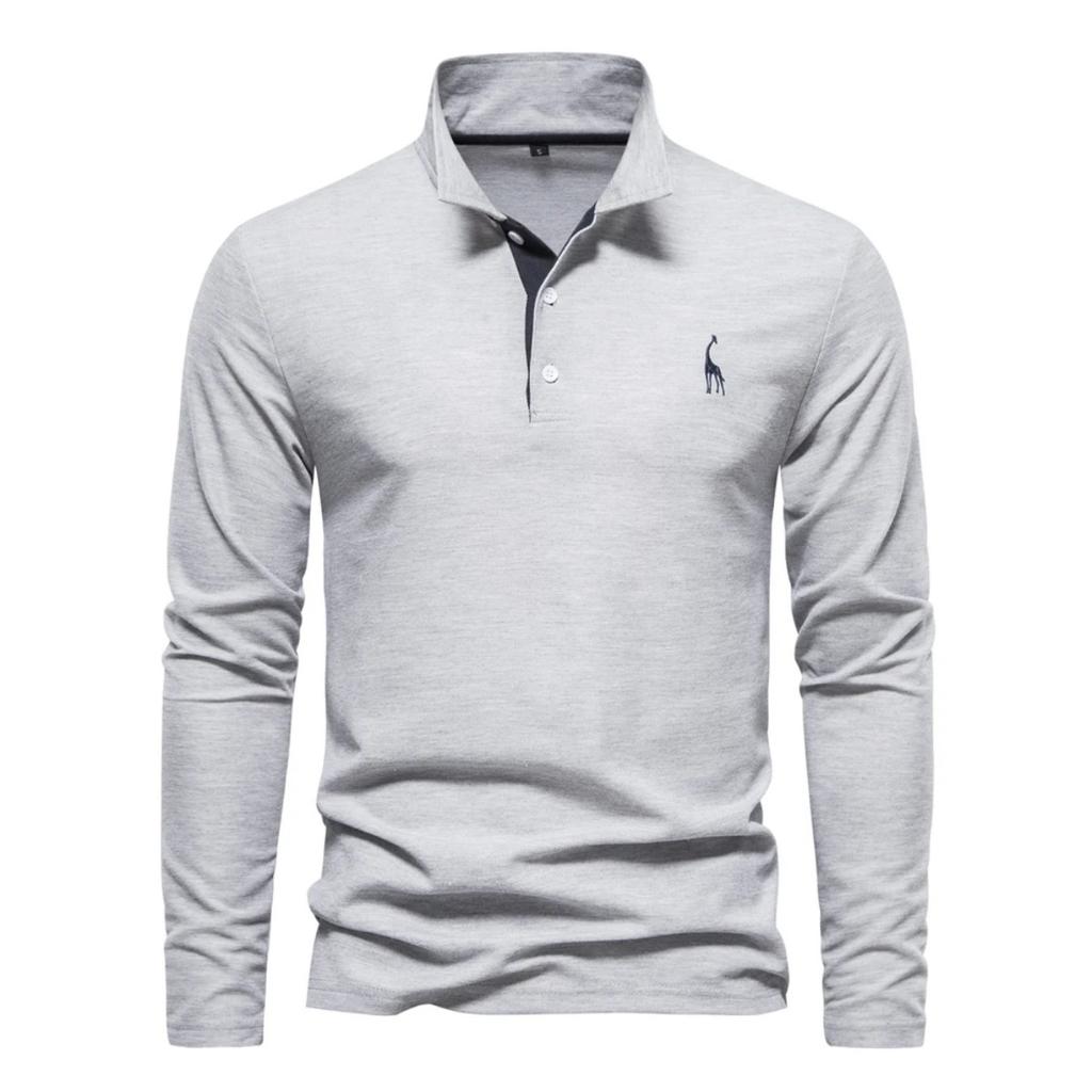 Trend Hub New Men's Deer Embroidery Polo Shirts Solid Color Long Sleeve Social Business Male