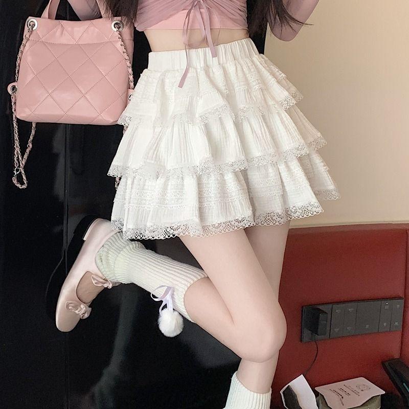 White French Lace Puffy Cake Skirt Female Summer New High Waist Slim Skirt Korean Fashion Design Casual A-line Skirts