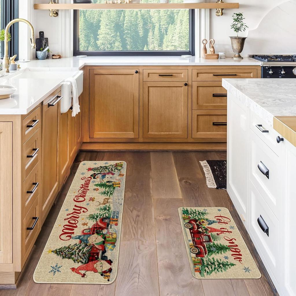 VIKAMA 2pcs Christmas Winter Crystal Velvet Floor Rug Kitchen Non-slip Mat Entrance Welcome Door Mat Holiday Home Decoration