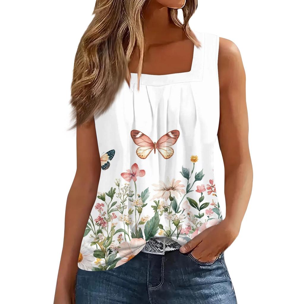 Ärmelloses T-Shirt mit plissiertem, quadratischem Kragen für Damen