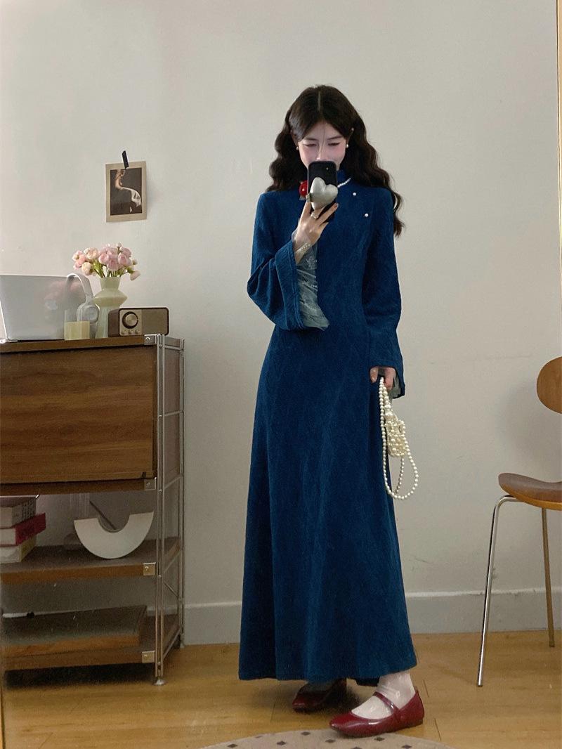 

Plus Size Women s Retro Blue Qipao Dress - Autumn/Winter Mesh Spliced Long Skirt 4XL синий