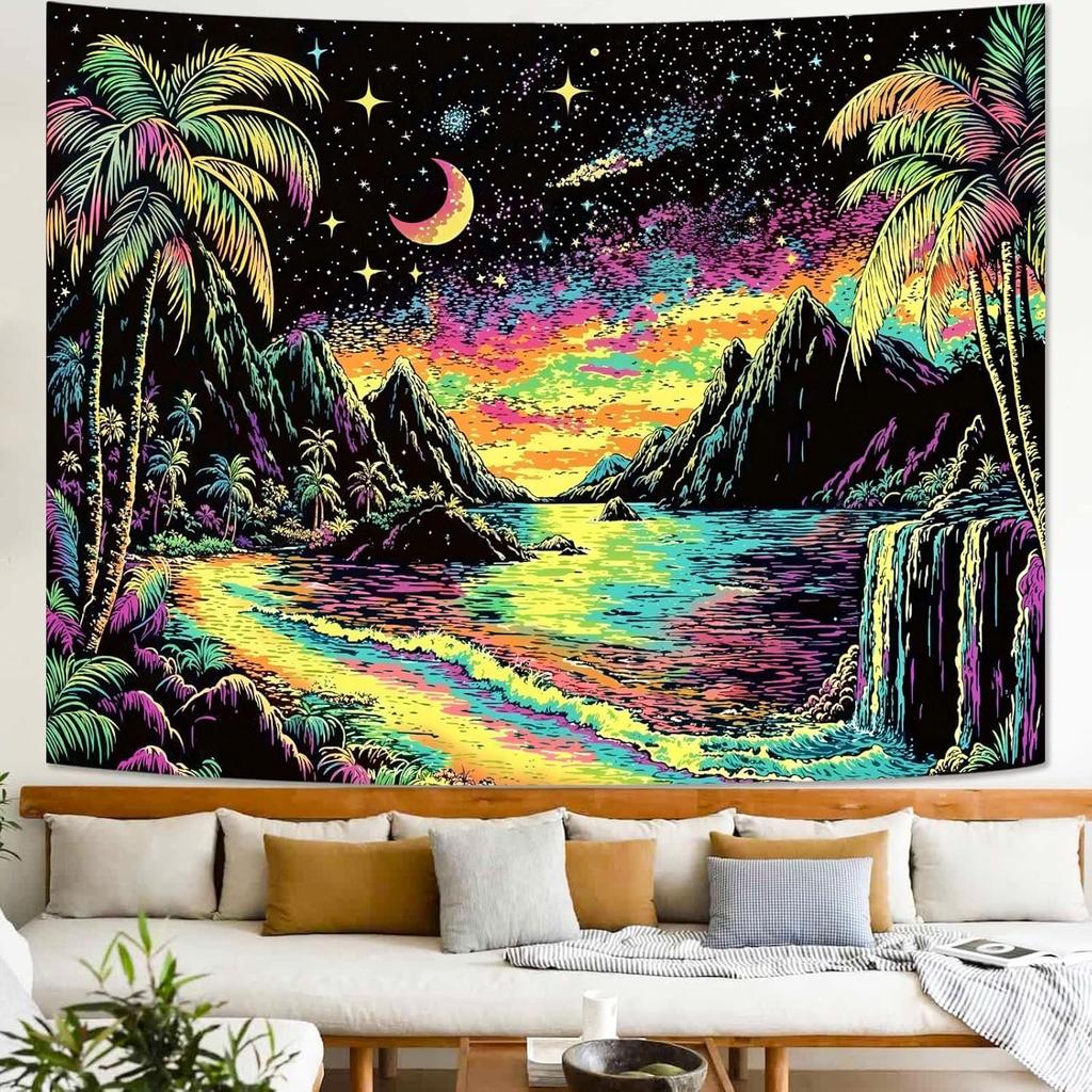 Lifeella Blacklight Landscape Tapestry, Glow in the dark UV Reactive Beach Lake Wall Decor, Aesthetic Palm Tree Art for Bedroom Living Room, 36x48