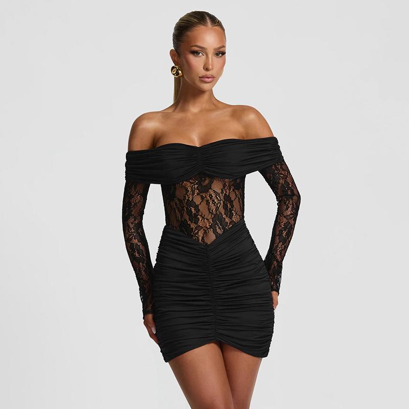Мини-платье bodycon с одним плечом, кружевной пэчворк, для осени/зимы Y25DS444 L