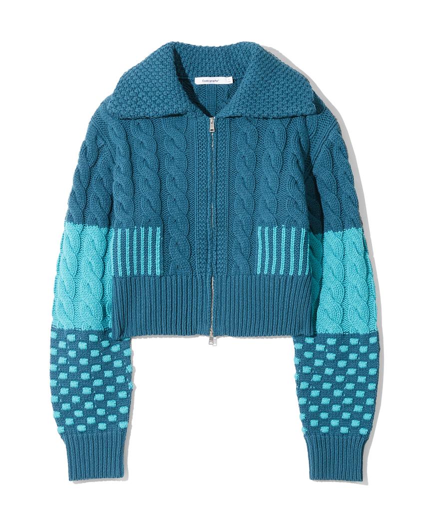 CGP (Women) Crop Patchwork Knit Zip-Up_Blue Green