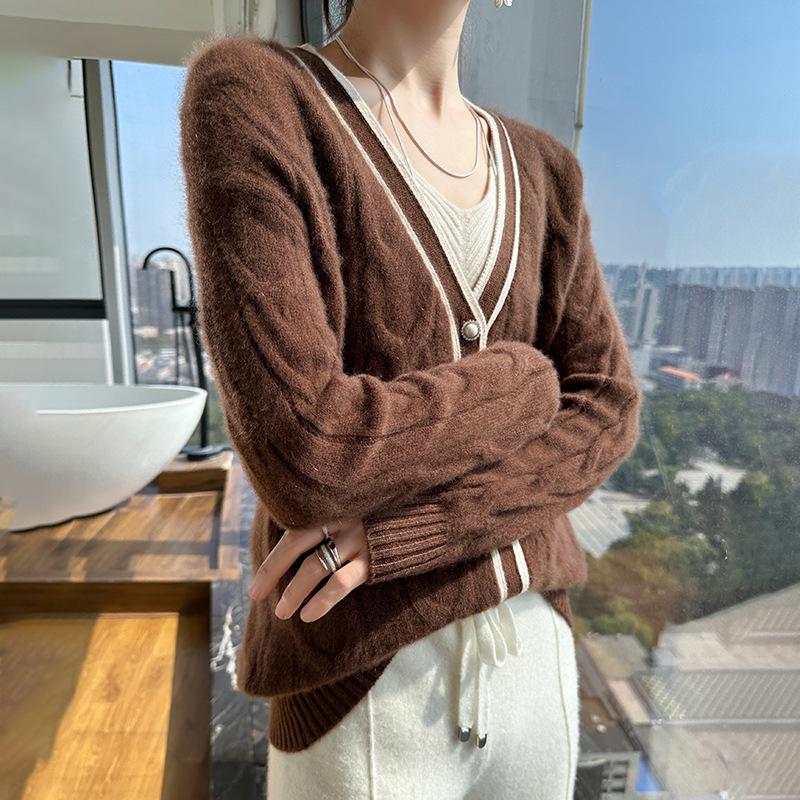 Women's V-Neck Cable Knit Wool Cardigan – New Autumn/Winter Color Block Cashmere Sweater Coat