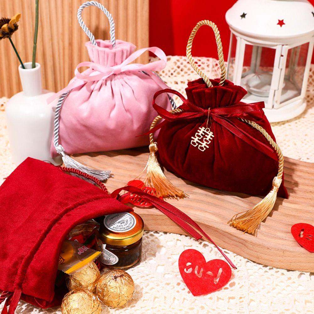 Chinese Flannel Gift Bag Velvet Wedding Gift Bag Drawstring Candy Bag  Candy Pouches