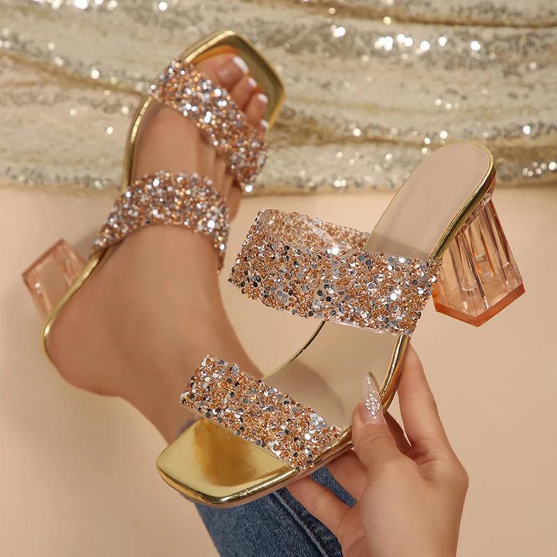 Fashion Gold Silver Sequins High Heels Sandals Women Summer Fashion Square Toe Transparent Heel Slippers Woman Bling Banquet Party Shoes