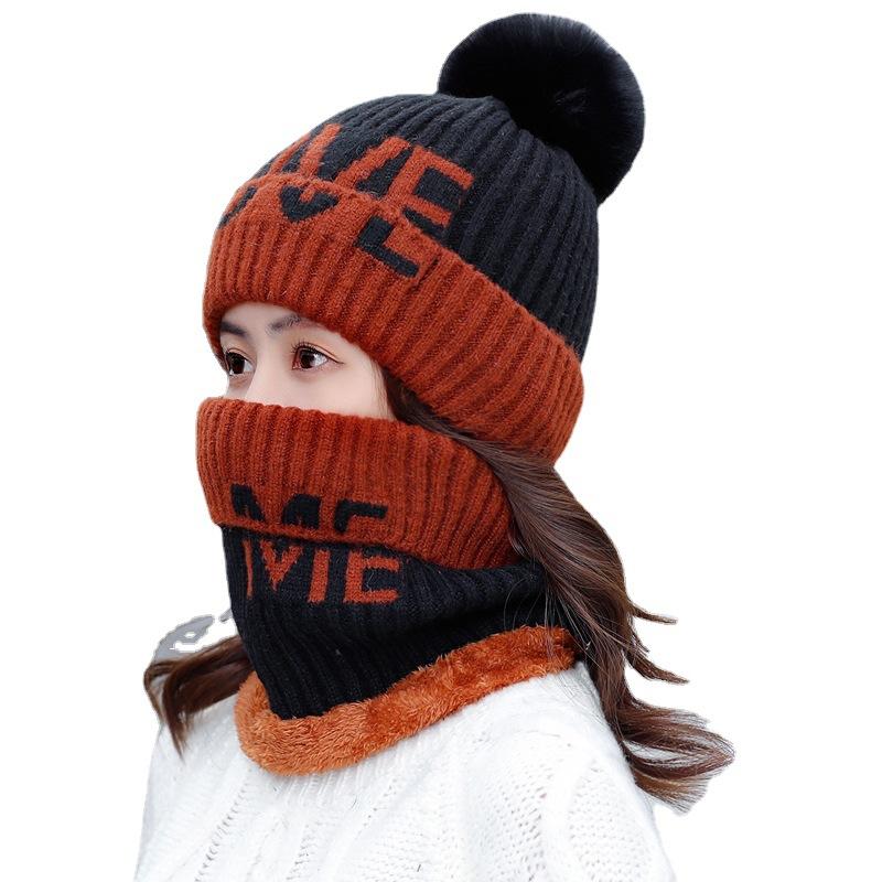 Hat Scarf Set Ladies Winter Fleece Thickened Wool Hat Tide Letter LOVE Knitted Cycling Hat