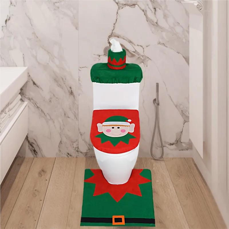 3-pack Julbadrumsdekoration Jul Inomhus Heminredning Toalettset med Toalettsitsöverdrag, Cisternöverdrag och Mattor Set
