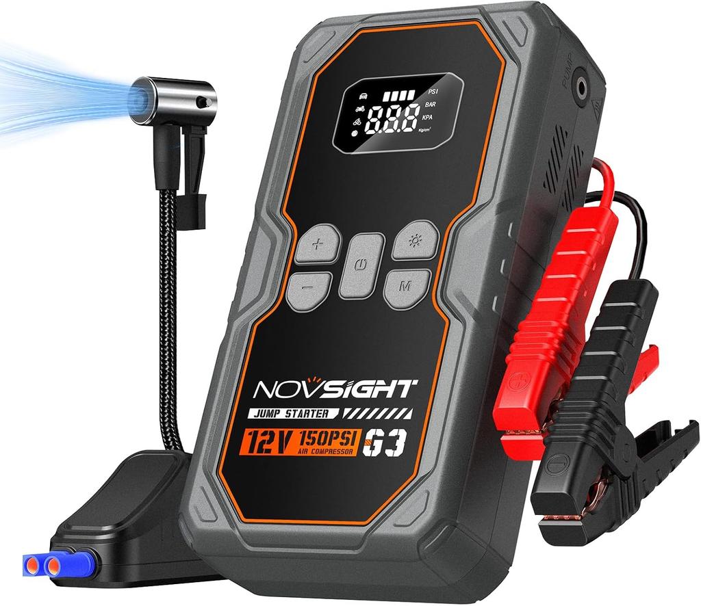 6000A 13-in-1 Portable Jump Starter with Air Compressor, 12V Power Pack for Gas/Diesel Cars, 150PSI Tire Inflator