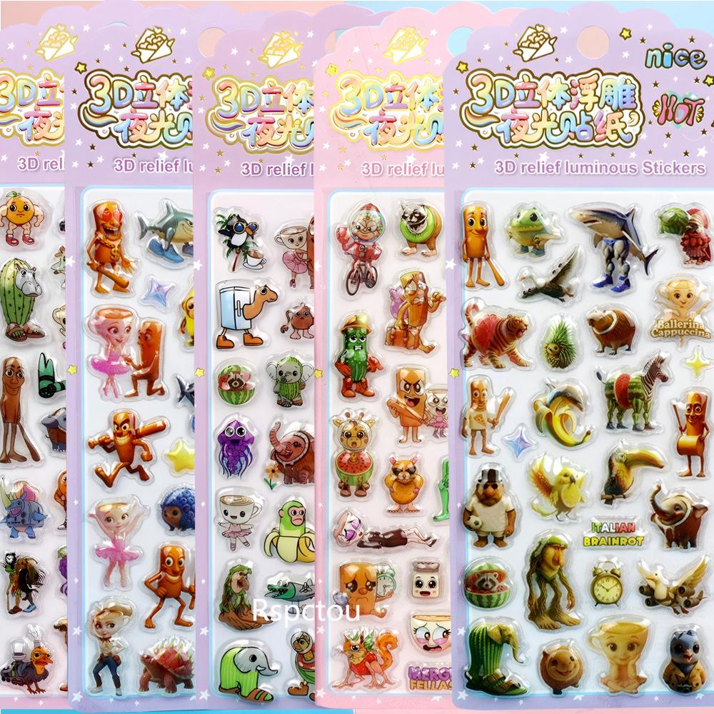 Cute Italian Brainrot Cartoon 3D Stickers Funny Tung Tung Tung Sahur Bubble Decals Waterproof Decoration Sticker Toy
