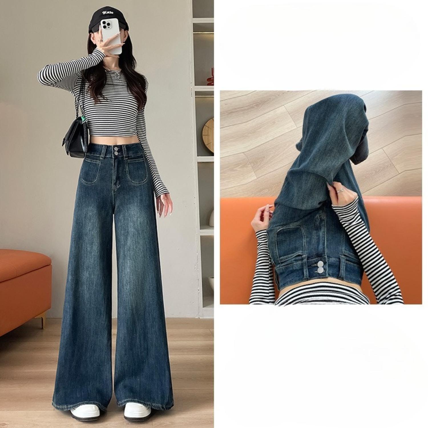 Women s High Waist Wide Leg Jeans Loose Fit Denim Pants Casual Plus Size Autumn Trousers S