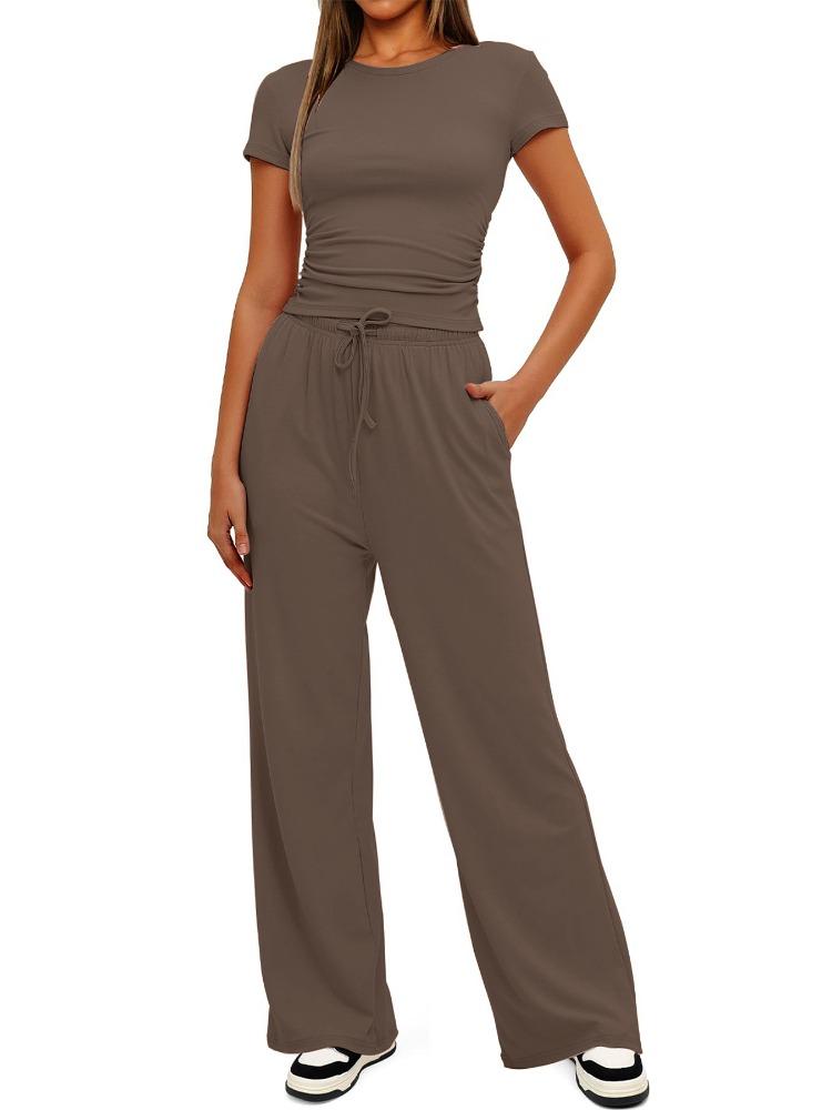 Solid Color Casual Long Sleeve Set Top High Waisted Wide Leg Pants Sportswear