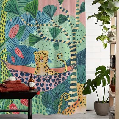 1 Pc Cartoon Leopard Digital Printed Bathroom Shower Curtain Set Perforated Strap Hook for Bathroom Privacy and Home Decoration