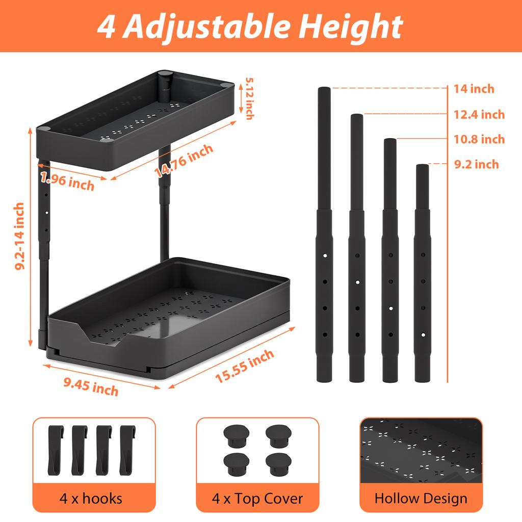 Adjustable Height Under Sink Organizers and Storage, Pull Out Cabinet Organizer 2 Tier Slide Out Shelf Under Cabinet Storage, Under Sink Organize