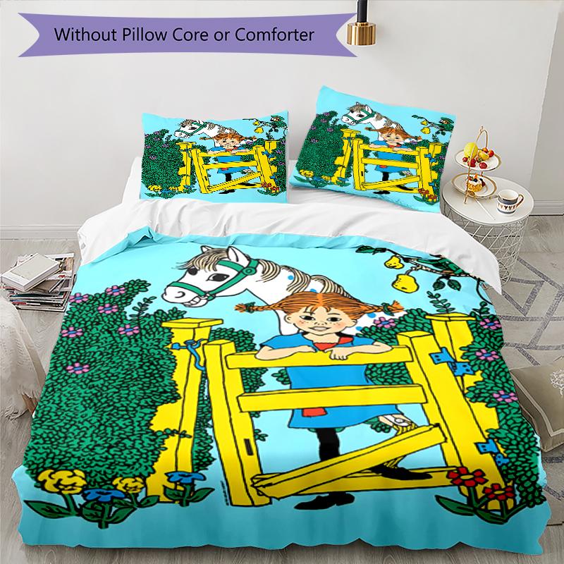 3pcs Pippi Longstocking Pattern Bedding Set Duvet Cover Set Includes Duvet Cover &pillowcases, Perfect All Season Bedroom Decoration & Gift